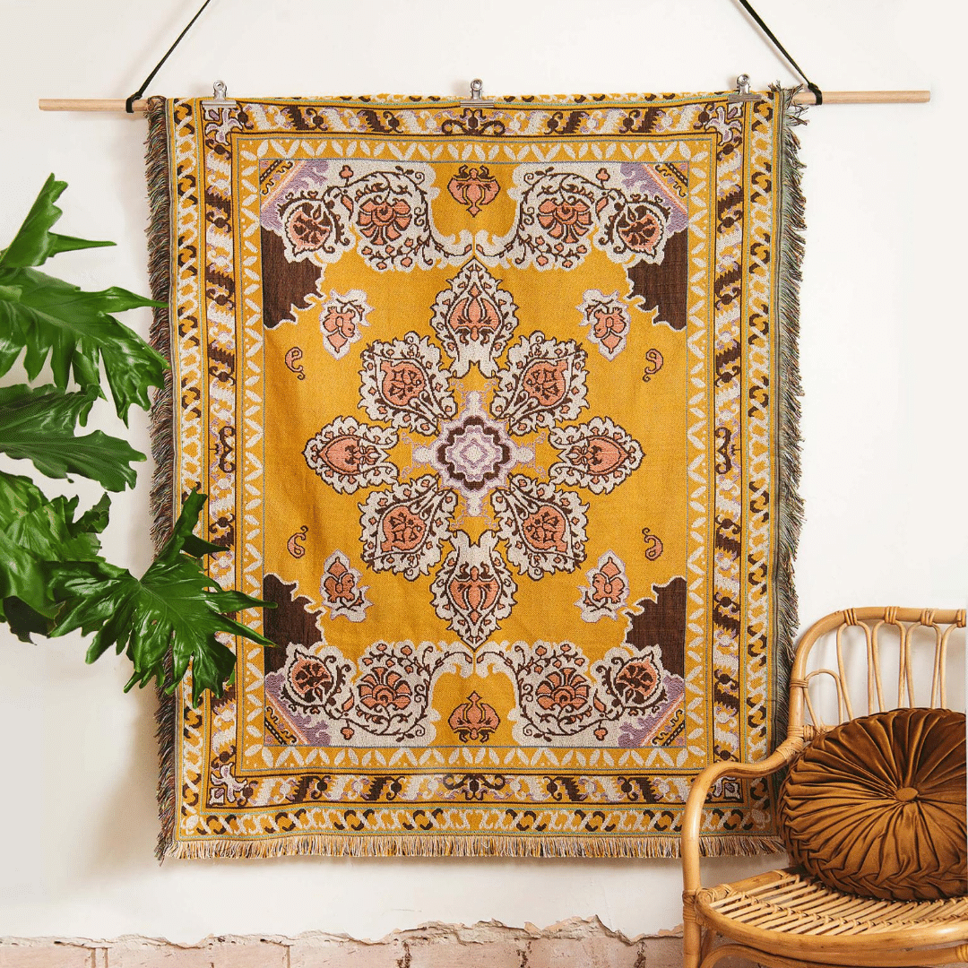 yellow and brown picnic rug