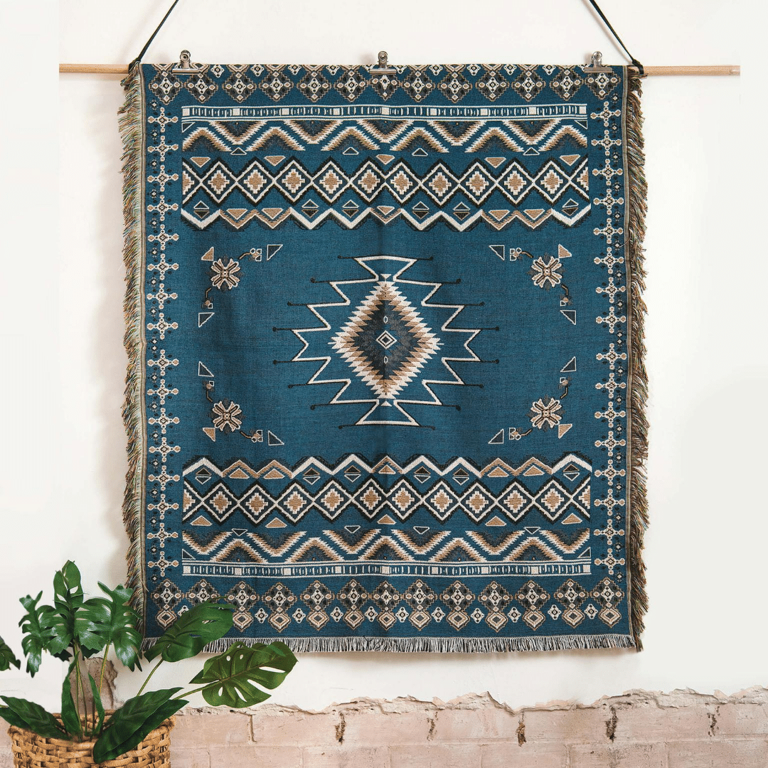 Dark blue, almost teal base, taupe & charcoal accents picnic rug