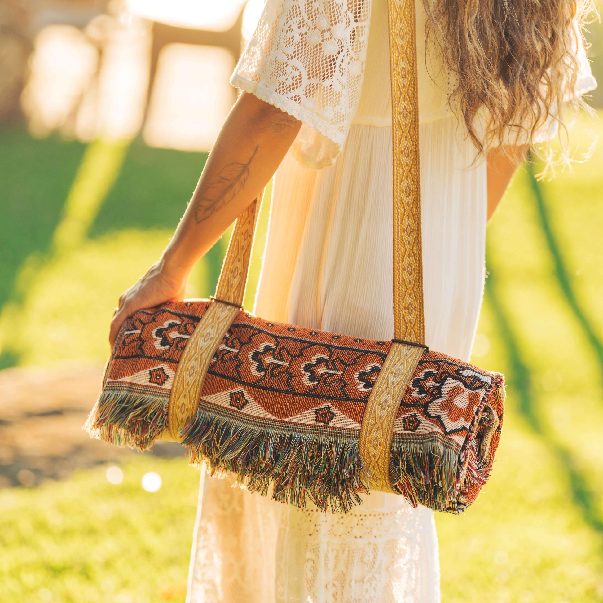 Picnic Rug Cotton Carry Strap yellow color